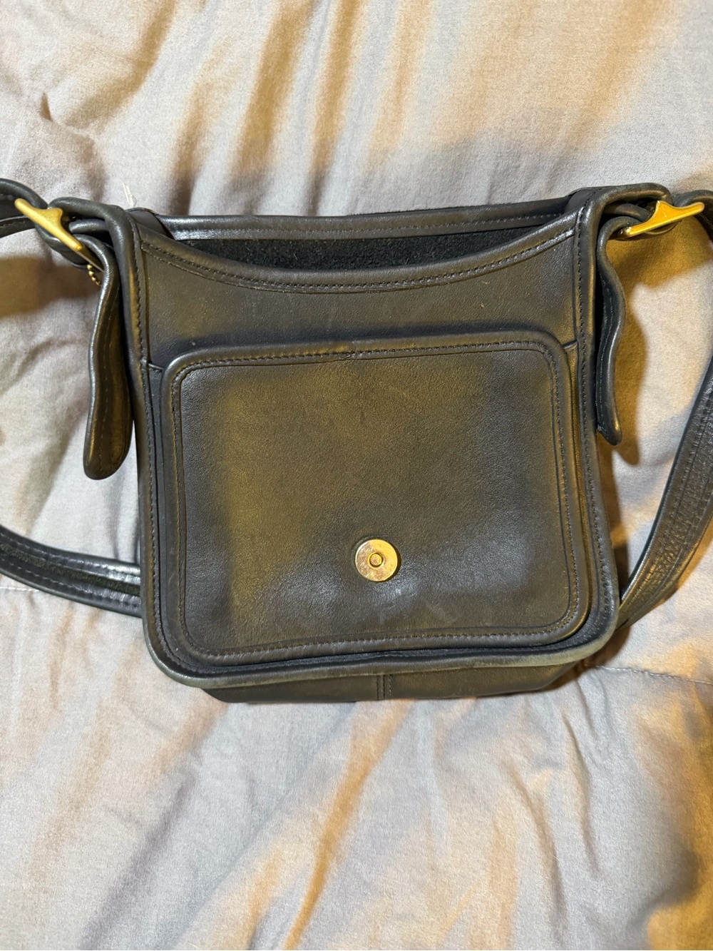 Coach Black Leather Messenger Bag with Front Pocket